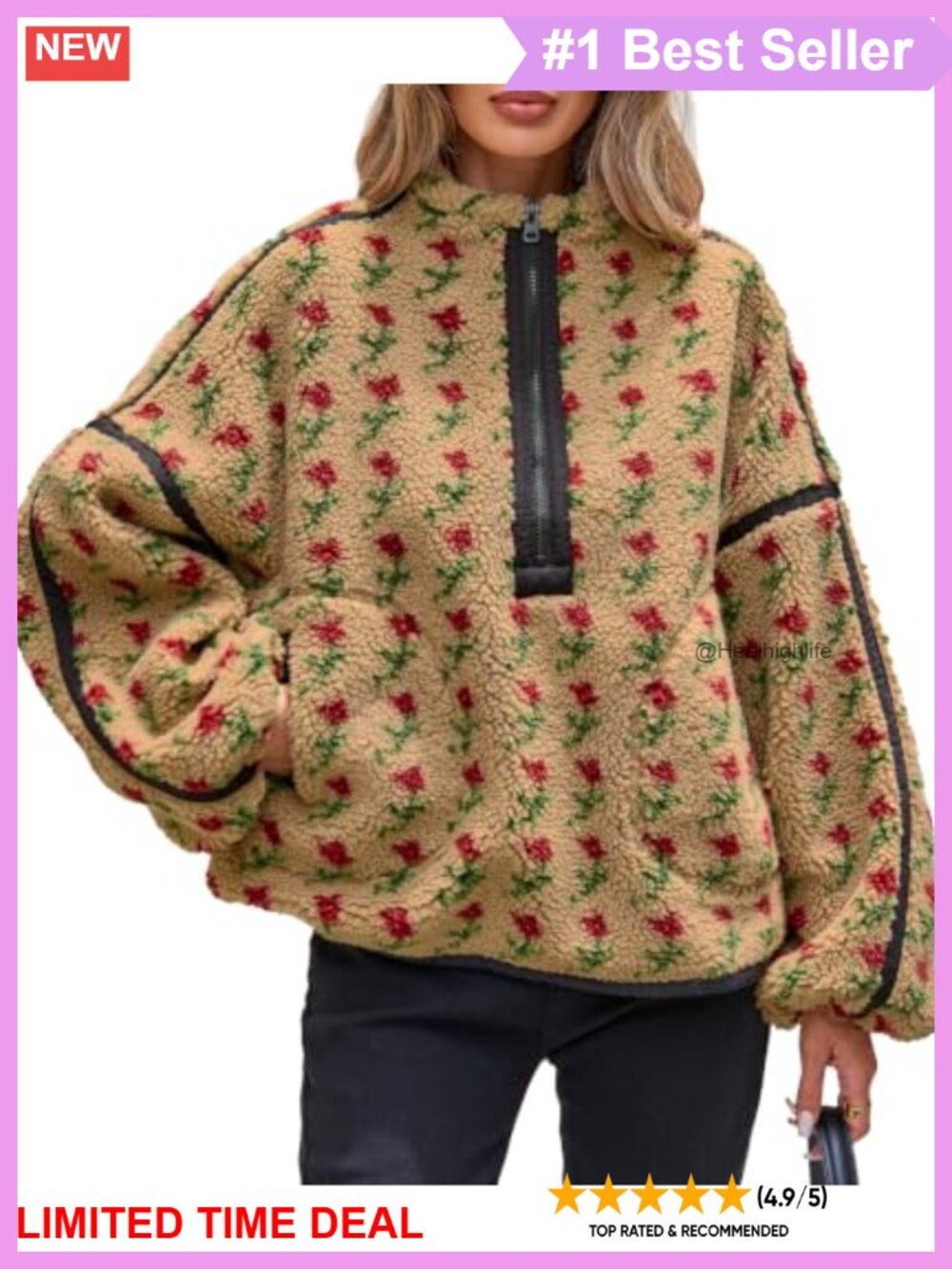 Sherpa Fleece Half Zip Pullover Floral Loose Fit Fuzzy Sweatshirt